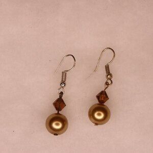 Bronze brown beaded and champagne pearl style drop earrings